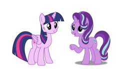 Size: 640x356 | Tagged: safe, artist:shucku, derpibooru import, starlight glimmer, twilight sparkle, twilight sparkle (alicorn), alicorn, pony, unicorn, g4, duo, duo female, ember's worst nightmare, female, folded wings, horn, mare, open mouth, open smile, palette swap, raised hoof, raised leg, recolor, simple background, smiling, white background, wings