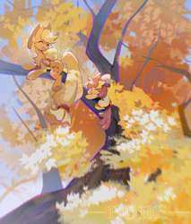 Size: 2000x2350 | Tagged: safe, artist:不可食用骨, derpibooru import, apple bloom, applejack, earth pony, pony, g4, autumn, autumn leaves, chest fluff, climbing, duo, female, filly, foal, in a tree, leaves, mare, sweat, tree