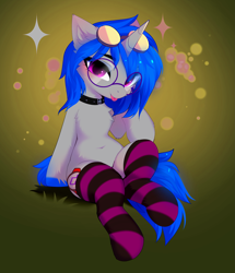 Size: 3483x4056 | Tagged: safe, artist:empress-twilight, derpibooru import, oc, pony, clothes, collar, commission, glasses, goggles, goggles on head, round glasses, socks, solo, striped socks, tongue, tongue out, ych result