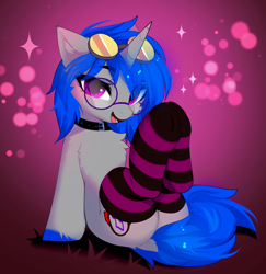 Size: 3152x3248 | Tagged: safe, artist:empress-twilight, derpibooru import, oc, oc only, pony, unicorn, chest fluff, choker, clothes, collar, commission, eye clipping through hair, glasses, goggles, goggles on head, horn, round glasses, socks, solo, striped socks, ych result