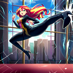 Size: 1024x1024 | Tagged: safe, ai content, derpibooru import, generator:novelai, generator:stable diffusion, machine learning generated, sunset shimmer, human, equestria girls, g4, boots, breasts, catsuit, cleavage, clothes, female, flying kick, high heel boots, high heels, kicking, martial arts, prompter:shojin, shoes, skintight clothes, solo