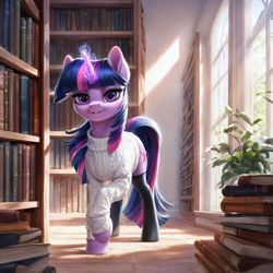 Size: 1280x1280 | Tagged: safe, ai content, derpibooru import, machine learning generated, twilight sparkle, unicorn, g4, book, clothes, detailed, glowing, glowing horn, horn, library, looking at you, prompter:ilham470, solo, stockings, thigh highs, window