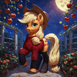 Size: 1280x1280 | Tagged: safe, ai content, derpibooru import, machine learning generated, applejack, earth pony, apple, apple tree, clothes, detailed, female, hat, hooves, mare, moon, night, prompter:ilham470, solo, stockings, sweater, thigh highs, tree