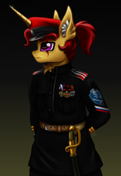 Size: 2000x2900 | Tagged: safe, artist:sunamoonmlp, derpibooru exclusive, derpibooru import, oc, oc only, anthro, g4, badge, clothes, costume, cyrillic, hat, history, horn, male, military, military uniform, pins, russia, russian, russian flag, simple background, sword, uniform, war, weapon, world war i