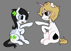 Size: 1500x1090 | Tagged: safe, artist:kthunae, derpibooru import, oc, oc only, oc:lucky strike, oc:wild card, pegasus, pony, unicorn, duo, female, filly, filly oc, foal, horn, patty cake, present, simple background