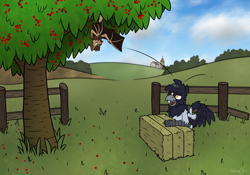 Size: 5800x4056 | Tagged: safe, artist:moemneop, derpibooru import, oc, oc only, oc:neop, oc:skraww, bat, griffon, fence, hay bale, species swap, tree