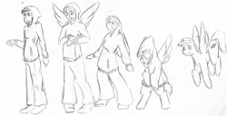 Size: 2177x1114 | Tagged: safe, artist:maxsilverfox, derpibooru import, oc, oc only, human, pegasus, pony, clothes, flying, hat, hoodie, human to pony, male, sketch, solo, species swap, traditional art, transformation, transformation sequence