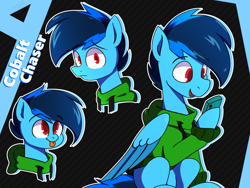 Size: 1600x1200 | Tagged: safe, artist:dysmal, derpibooru import, oc, oc only, oc:cobalt chaser, pegasus, pony, blue, clothes, jacket, male, phone, stallion