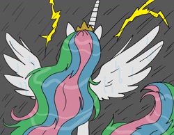 Size: 1160x899 | Tagged: safe, artist:poneigh777, derpibooru import, princess celestia, alicorn, lightning, storm, wet, wet mane