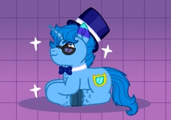 Size: 1105x777 | Tagged: safe, artist:fuzzybirdy2, derpibooru import, oc, oc only, oc:blueshield, pony, unicorn, blue coat, blue mane, bowtie, fluffy, hat, hooves, horn, male, purple background, simple background, solo, sparkles, stallion, sunglasses, top hat