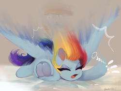 Size: 2048x1536 | Tagged: safe, artist:unclechai, derpibooru import, rainbow dash, pegasus, pony, fallen, falling, female, floor, frown, mare, open mouth, solo, underhoof, wings