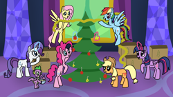 Size: 1920x1080 | Tagged: safe, artist:platinumdrop, derpibooru import, applejack, fluttershy, pinkie pie, rainbow dash, rarity, spike, twilight sparkle, twilight sparkle (alicorn), alicorn, dragon, pegasus, pony, g4, bipedal, box, christmas, christmas tree, commission, decorating, flying, holiday, hoof hold, magic, mane six, mouth hold, raised hoof, raised leg, smiling, telekinesis, thinking, tree