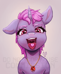 Size: 833x1000 | Tagged: safe, artist:maroonmads, derpibooru import, oc, oc only, pony, unicorn, candy, commission, female, food, horn, jewelry, open mouth, red eyes, solo, solo female, tongue, tongue out, ych result