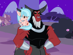 Size: 850x644 | Tagged: safe, artist:mlpmoonstar, derpibooru import, cozy glow, lord tirek, taur, g4, alternate hairstyle, black sclera, cuffs, daddy tirek, evil smile, horns, manacles, night, nose piercing, nose ring, piercing, smiling, watermark