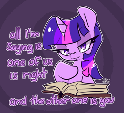 Size: 1032x942 | Tagged: safe, artist:lou, derpibooru import, twilight sparkle, abstract background, book, looking at you, text