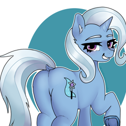 Size: 1024x1024 | Tagged: source needed, safe, artist:cloveryrhythm, derpibooru import, trixie, pony, unicorn, g4, butt, colored, dock, eyebrows, eyelashes, featureless crotch, female, frog (hoof), grin, horn, lidded eyes, looking at you, looking back, looking back at you, mare, plot, raised hoof, raised leg, shading, smiling, smiling at you, smirk, solo, tail, the great and powerful ass, underhoof