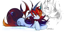 Size: 2860x1466 | Tagged: safe, artist:madragon, derpibooru import, oc, oc only, oc:vienna, pony, succubus, :3, collar, demon wings, devil horns, ears, evil smile, female, floppy ears, horns, looking at you, lying down, mare, sketch, sketch dump, smiling, solo, wings