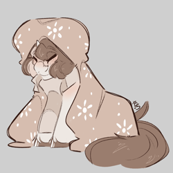 Size: 2500x2500 | Tagged: safe, artist:bananasplitedy, derpibooru import, oc, oc only, oc:bananasplitedy, unicorn, blanket, blushing, clothes, female, freckles, glasses, horn, mare, scarf, sketch, solo, striped scarf, tail, unicorn oc