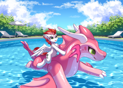 Size: 2535x1825 | Tagged: safe, artist:airiniblock, derpibooru import, oc, oc only, oc:swift apex, pegasus, pony, belly, cerisey, cloud, imaginary creature factory, inflatable toy, outdoors, pegasus oc, pool toy, riding, sky, spread wings, swimming pool, water, wings