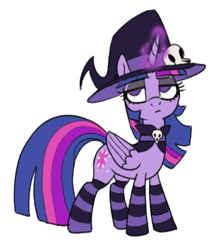 Size: 529x597 | Tagged: safe, artist:sunbusting, derpibooru import, twilight sparkle, twilight sparkle (alicorn), alicorn, pony, g4, choker, clothes, costume, female, halloween, halloween costume, hat, holiday, mare, nightmare night, nightmare night costume, simple background, skull, socks, solo, striped socks, white background, witch costume, witch hat