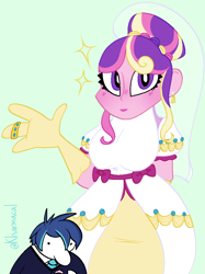 Size: 746x1000 | Tagged: safe, artist:kharmacal, derpibooru import, princess cadance, shining armor, human, g4, clothes, connecticut clark, dress, female, humanized, male, meme, shiningcadance, shipping, size difference, straight, the bride and the ugly ass groom, wedding dress