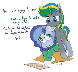 Size: 5760x5336 | Tagged: safe, artist:al solae, derpibooru import, oc, oc only, oc:hiemal breeze, oc:vernal breeze, earth pony, pony, unicorn, biting, blue eyes, book, brother and sister, clothes, cuddling, curly hair, curly mane, cushion, dialogue, duo, ear bite, ear fluff, ears, earth pony oc, female, green eyes, horn, male, mare, reading, siblings, stallion, sweater, unicorn oc