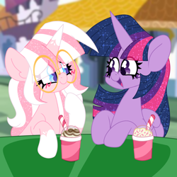 Size: 2000x2000 | Tagged: safe, artist:ladylullabystar, derpibooru import, twilight sparkle, twilight sparkle (alicorn), oc, oc:lady lullaby star, alicorn, pegasus, pony, unicorn, alternate design, drink, female, glasses, horn, mare, milkshake, outdoors