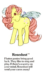 Size: 550x1000 | Tagged: safe, derpibooru import, rosedust, flutter pony, pegasus, pony, g1, bow, cute, female, g1 backstory, mare, my little pony fact file, official, rosedorable, smiling, solo, tail, tail bow, text