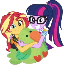 Size: 2466x2520 | Tagged: safe, derpibooru import, edit, edited screencap, editor:mrtoonlover83, screencap, sci-twi, sunset shimmer, twilight sparkle, bird, human, equestria girls, g4, rollercoaster of friendship, background removed, equestria girls specials, female, glasses, it's not about the parakeet, not a vector, parakeet, plushie, ponytail, smiling