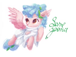 Size: 603x456 | Tagged: safe, artist:some_ponu, derpibooru import, cozy glow, pegasus, pony, g4, clothes, female, filly, foal, freckles, laurel wreath, robe, signature, simple background, solo, spread wings, text, white background, wings