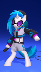 Size: 2160x3840 | Tagged: safe, artist:owlpirate, derpibooru import, dj pon-3, vinyl scratch, semi-anthro, unicorn, g4, 3d, 4k, clothes, female, high res, hoof hold, horn, jacket, mare, microphone, midriff, shorts, solo, source filmmaker, suspenders