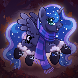 Size: 2400x2400 | Tagged: safe, artist:sparkytopia, derpibooru import, princess luna, alicorn, pony, g4, autumn, boots, clothes, eyeshadow, female, leaves, looking at you, makeup, mare, night, open mouth, open smile, outdoors, scarf, shoes, signature, smiling, solo, spread wings, wings, ych example, your character here