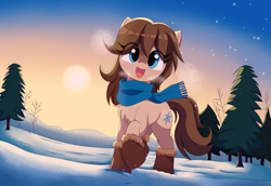 Size: 1938x1334 | Tagged: safe, artist:spoonie, derpibooru import, oc, oc only, oc:frosty flakes, earth pony, pony, boots, fir tree, head turn, looking at you, open mouth, open smile, scarf, shoes, smiling, smiling at you, snow, snowpony, solo, sun, three quarter view, tree, yakutian horse