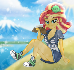 Size: 7902x7560 | Tagged: safe, artist:emeraldblast63, derpibooru import, sunset shimmer, human, equestria girls, g4, bedroom eyes, breasts, cleavage, clothes, female, food, lens flare, looking at you, shoes, sitting, smiling, smiling at you, sneakers, solo, sunset sushi, sushi