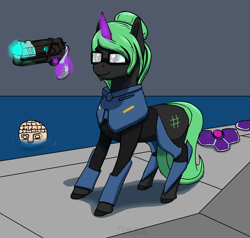 Size: 1510x1440 | Tagged: safe, artist:terminalhash, derpibooru import, oc, pony, unicorn, clothes, cosplay, costume, gun, handgun, horn, magic, pistol, ponified, revolver, simple background, solo, species swap, ultrakill, v1, weapon