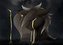 Size: 3000x2160 | Tagged: safe, artist:tenebrisnoctus, derpibooru import, oc, oc only, pony, unicorn, bust, crying, ears, eyes closed, floppy ears, gold, high res, horn, partially submerged, solo, water