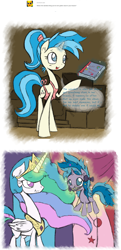 Size: 1280x2654 | Tagged: safe, artist:askaponywithbraces, derpibooru import, air way, allie way, princess celestia, pony, g4, apron, book, braces, clothes, female, filly, foal, magic