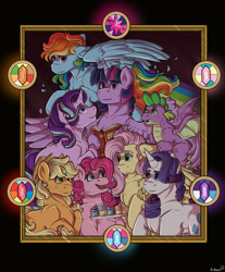 Size: 888x1072 | Tagged: safe, artist:binibean, derpibooru import, applejack, fluttershy, pinkie pie, rainbow dash, rarity, spike, starlight glimmer, twilight sparkle, dragon, earth pony, pegasus, pony, unicorn, g4, cupcake, female, food, horn, looking at you, male, mane seven, mane six, mare, smiling, smiling at you, winged spike, wings