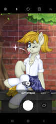 Size: 871x1929 | Tagged: safe, alternate version, artist:gantarts, derpibooru exclusive, derpibooru import, oc, oc only, oc:nazaretta, earth pony, pony, bench, bowtie, camera, chest fluff, clothes, crossed legs, female, freckles, looking at you, mare, one eye closed, park, ponytail, shirt, sitting, skirt, socks, solo, stockings, thigh highs, tongue, tongue out, tree, wink, winking at you