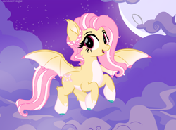 Size: 2702x2000 | Tagged: safe, artist:lovinglypromise, derpibooru import, fluttershy, bat pony, pony, alternate design, alternate eye color, alternate hair color, alternate hairstyle, bat ponified, braid, claws, clothes, cloud, cloven hooves, colored hooves, colored pinnae, colored wings, cute, cute little fangs, ear tufts, fangs, female, fluffy, flutterbat, flying, gradient pinnae, gradient wings, hooves, leg fluff, mare, moon, night, night sky, open mouth, open smile, pale belly, race swap, sky, smiling, socks, solo, wing claws, wings