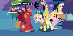 Size: 4320x2160 | Tagged: safe, anonymous artist, derpibooru import, big macintosh, fluttershy, earth pony, pegasus, pony, series:fm holidays, g4, alicorn costume, alternate hairstyle, bat pony costume, clothes, costume, crown, duo, fake ears, fake horn, fake teeth, fake wings, female, fluttermac, halloween, halloween 2024, high res, holiday, hoof shoes, horse collar, jewelry, lineless, looking at each other, looking at someone, male, mare, nightmare night, nightmare night costume, no pupils, ponyville, princess shoes, regalia, shipping, short mane, sitting, smiling, smiling at each other, spread wings, stallion, straight, wings