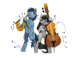 Size: 1216x960 | Tagged: safe, artist:idrawweeklypony, derpibooru import, blues, noteworthy, octavia melody, earth pony, pony, g4, bipedal, cello, duo, duo male and female, female, looking at each other, looking at someone, male, mare, music notes, musical instrument, notetavia, saxophone, shipping, simple background, stallion, straight, transparent background, white background