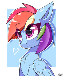 Size: 2500x3000 | Tagged: safe, artist:kaleido-art, derpibooru import, rainbow dash, pegasus, pony, g4, chest fluff, cute, dashabetes, ear fluff, ears, eye clipping through hair, eyebrows, eyebrows visible through hair, female, folded wings, heart, high res, mare, signature, simple background, solo, wings