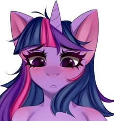 Size: 488x517 | Tagged: safe, artist:namelessplaza, derpibooru import, twilight sparkle, unicorn, g4, blushing, bust, horn, open mouth, portrait, solo, wip