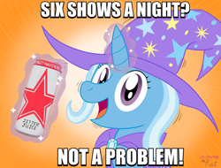 Size: 2048x1556 | Tagged: safe, artist:wingcommanderrudoji, derpibooru import, trixie, pony, unicorn, g4, bust, caffeine, can, cape, caption, clothes, drink, energy drink, female, glowing, glowing horn, gradient background, hat, horn, image macro, impact font, levitation, looking at you, magic, magic aura, mare, open mouth, open smile, portrait, rockstar energy drink, smiling, solo, telekinesis, text, trixie's cape, trixie's hat