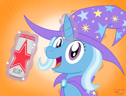 Size: 2048x1556 | Tagged: safe, alternate version, artist:wingcommanderrudoji, derpibooru import, trixie, pony, unicorn, g4, bust, caffeine, can, cape, clothes, drink, energy drink, female, glowing, glowing horn, gradient background, hat, horn, levitation, looking at you, magic, magic aura, mare, open mouth, open smile, portrait, rockstar energy drink, smiling, solo, telekinesis, textless, textless version, trixie's cape, trixie's hat