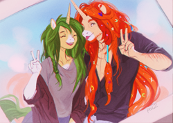 Size: 1199x850 | Tagged: safe, artist:pea2, derpibooru import, oc, oc only, oc:arwe, oc:je, anthro, unicorn, :p, duo, eyes closed, female, horn, male, outdoors, peace sign, photo, smiling, straight, tongue, tongue out