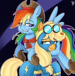 Size: 678x680 | Tagged: safe, artist:galaxy swirl, derpibooru import, applejack, rainbow dash, earth pony, pegasus, pony, g4, appledash, applejack's hat, bandana, boots, clothes, costume, cowboy boots, cowboy hat, cowgirl outfit, female, goggles, hat, lesbian, nightmare night, nightmare night costume, shipping, shoes, smiling, smirk, straw, uniform, wonderbolts uniform