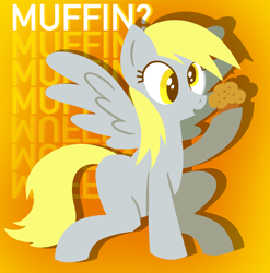 Size: 2772x2811 | Tagged: safe, artist:catponything, derpibooru import, derpy hooves, pegasus, pony, g4, female, food, gradient background, mare, muffin, open mouth, simple shading, sitting, smiling, solo, spread wings, text, that pony sure does love muffins, wings