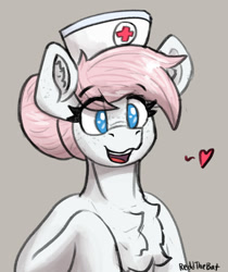 Size: 867x1032 | Tagged: safe, artist:reddthebat, derpibooru import, nurse redheart, earth pony, pony, g4, bust, chest fluff, ear fluff, ears, eye clipping through hair, eyebrows, eyebrows visible through hair, female, gray background, heart, looking at you, mare, no pupils, open mouth, open smile, signature, simple background, smiling, smiling at you, solo, spoken heart